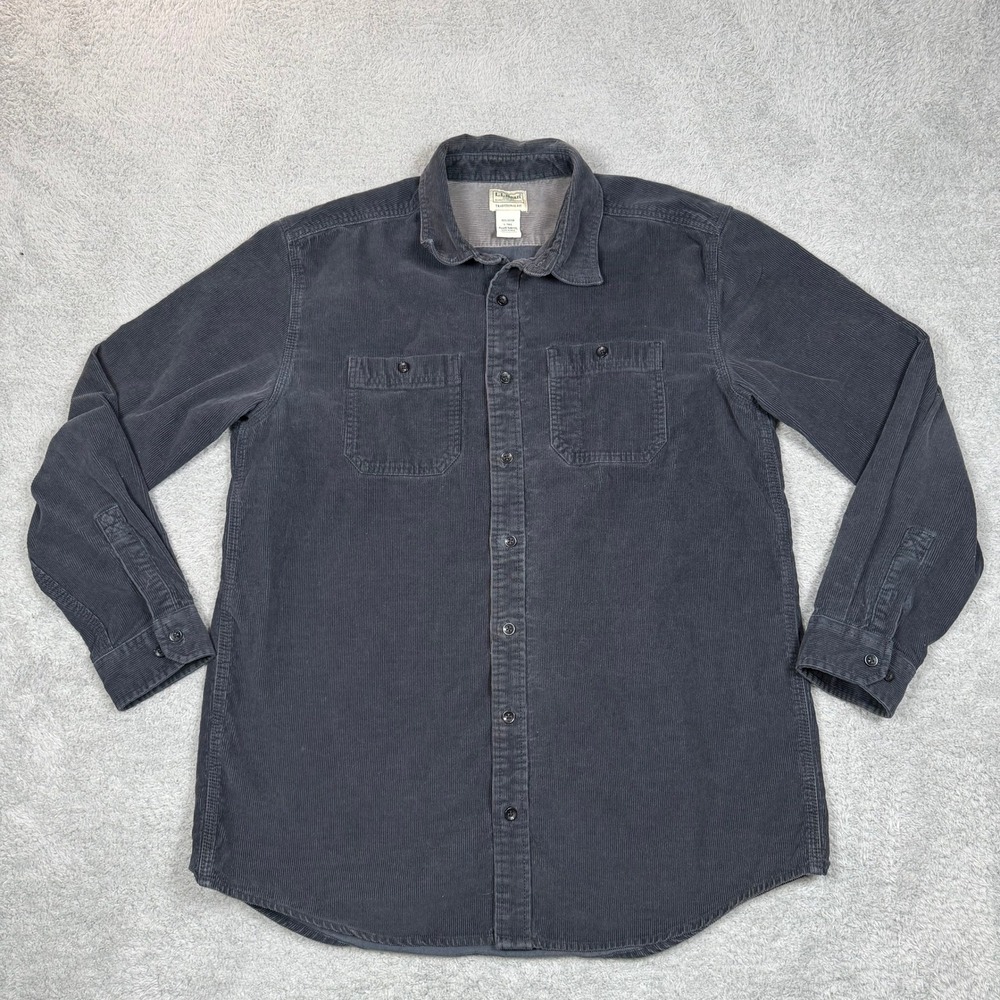 LL Bean Mens Large Tall Corduroy Shirt Dark Grey Traditional Fit Cotton Outdoor‎